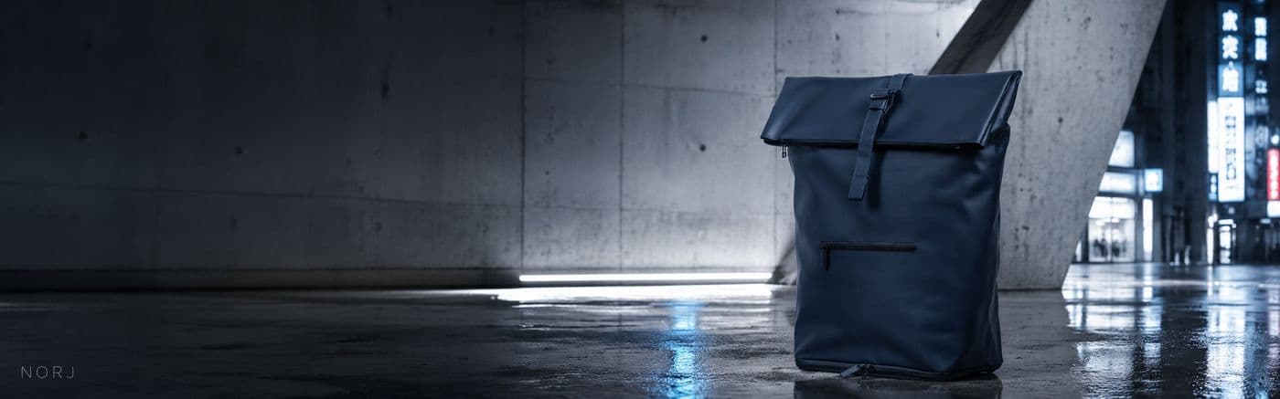 NORJ backpack in a cinematic urban setting